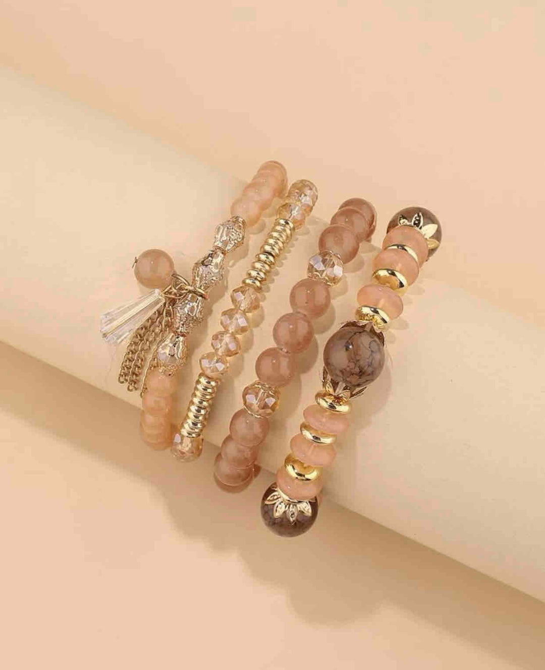Vembley Boho Stackable Bracelets for Women Set, 4 Pack Girls Stretch Multilayer Stack Beads Brown Beaded Charm Bracelets