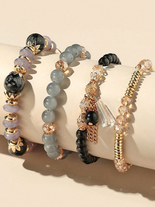 Vembley Boho Stackable Bracelets for Women Set, 4 Pack Girls Stretch Multilayer Stack Beads Black Beaded Charm Bracelets