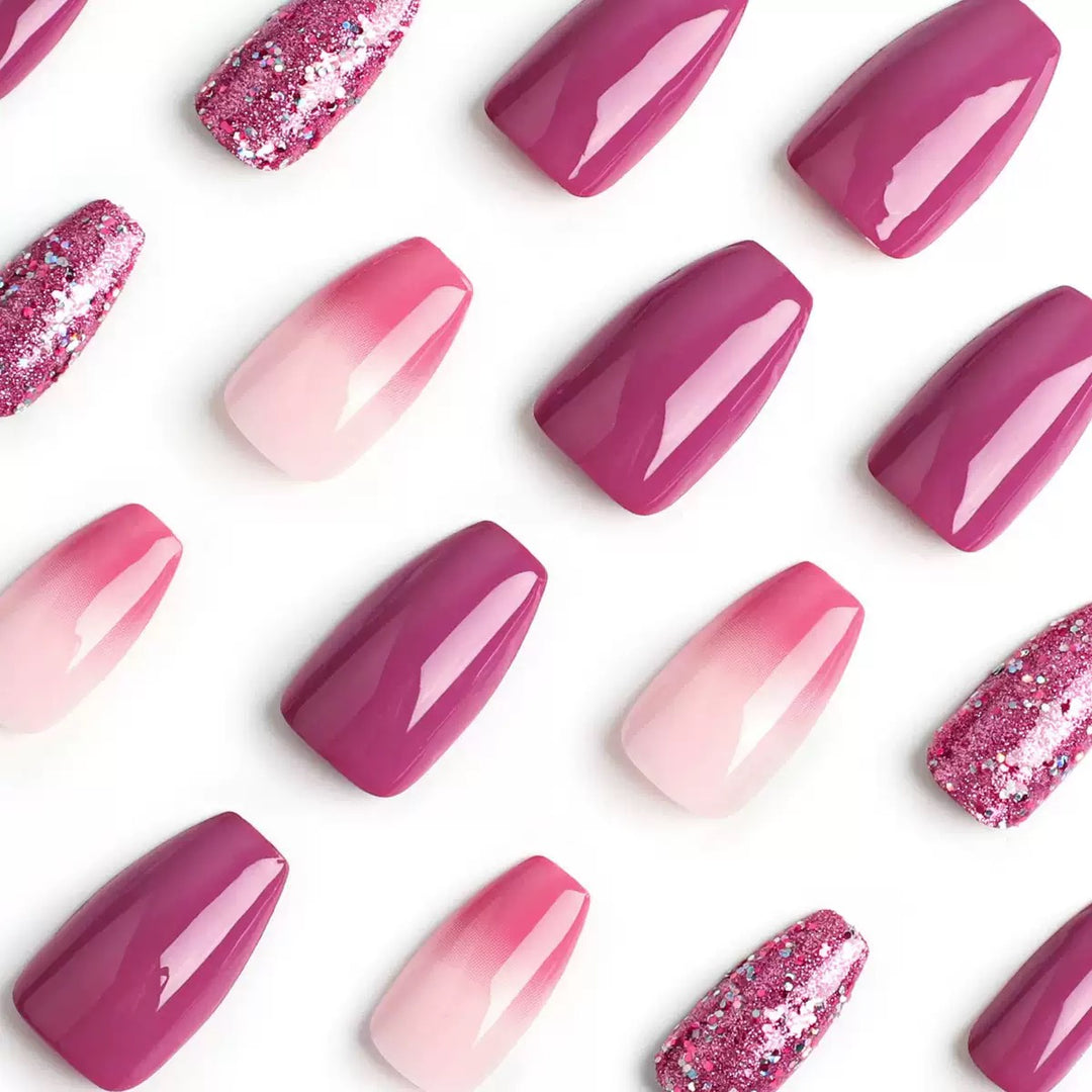 Vembley Plum Pink Ombre Glitter Shiny Accent Design Press-On Nails