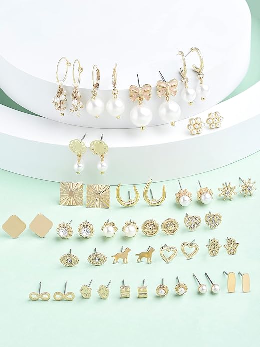 Vembley Stylish 25 Pair Gold Plated Pearl and Stud Earring Combo Set