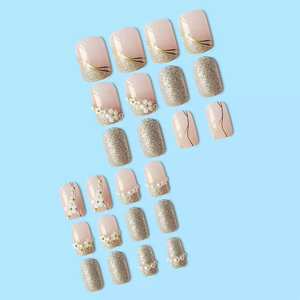 Vembley Blush Bloom Glitter Floral Press On Nails For Elegant Party Wear