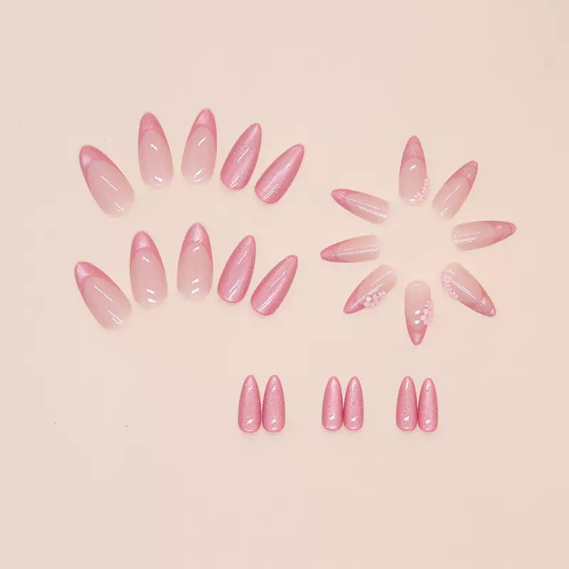 Vembley Elegant Pink Floral Press-On Nails – Glossy Almond Shape for Stylish Women