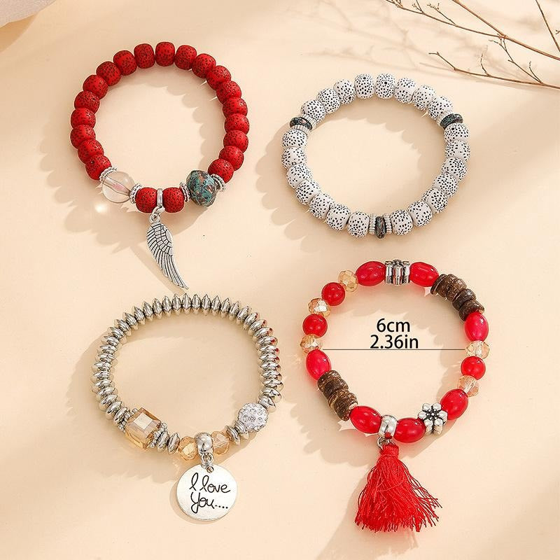 Vembley Trendy Bohemian Bracelet Stack with silver beads, tassel charm, and love pendant for women and girls