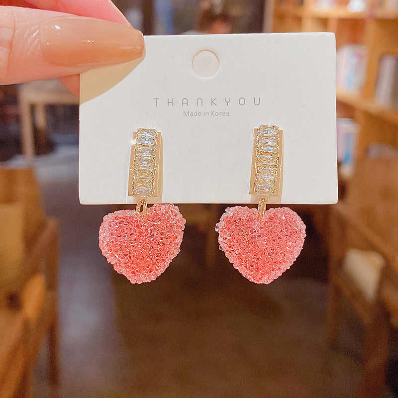 Korean Pink Heart Crystal Drop Earrings