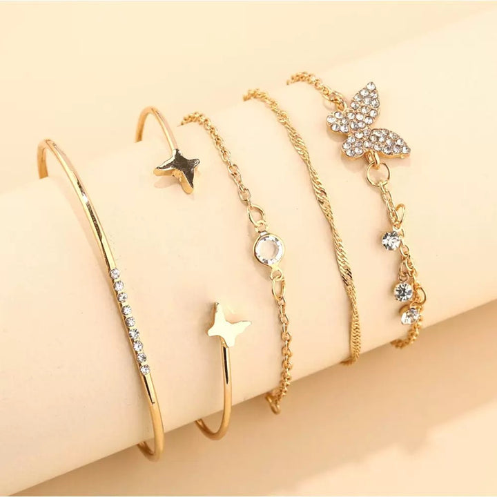 Vembley Gold-Plated Butterfly Inspired Set of 5 Contemporary Stackable Bracelet Set For Women and Girls