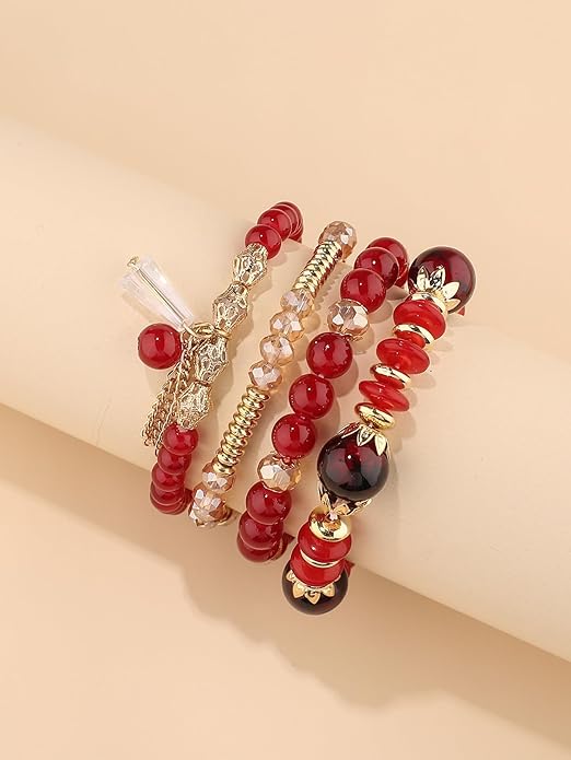 Vembley Boho Stackable Bracelets for Women Set, 4 Pack Girls Stretch Multilayer Stack Beads  Red Beaded Charm Bracelets