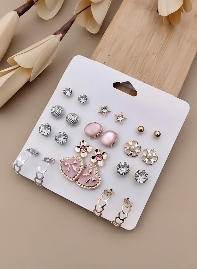 Vembley Stylish Pink Crystal Floral Heart Stud Earrings Set for Women