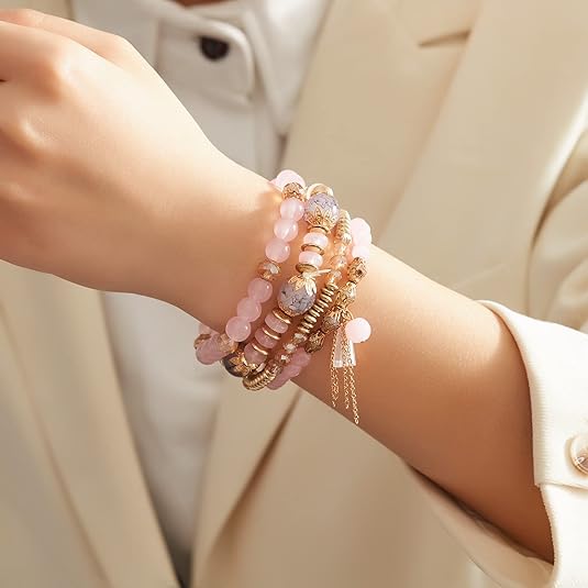 Vembley Boho Stackable Bracelets for Women Set, 4 Pack Girls Stretch Multilayer Stack Beads Pink Beaded Charm Bracelets