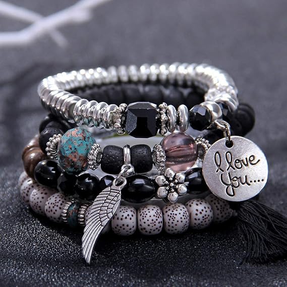 Vembley Trendy Bohemian Bracelet Stack with silver beads, tassel charm, and love pendant for women and girls
