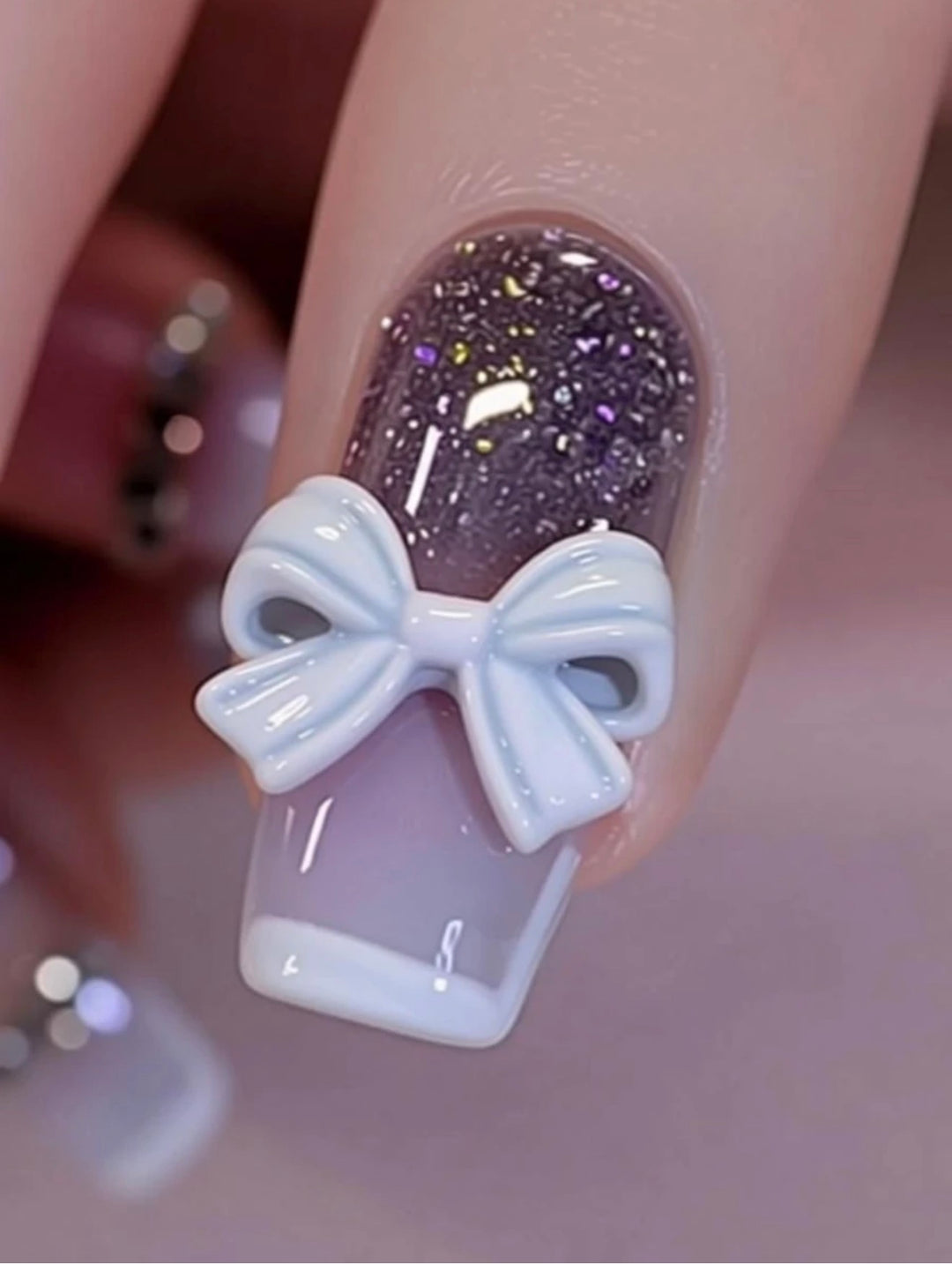 Vembley Purple Glitter French Tip Press-On Nails with Bow 24 Pcs Press On Nails