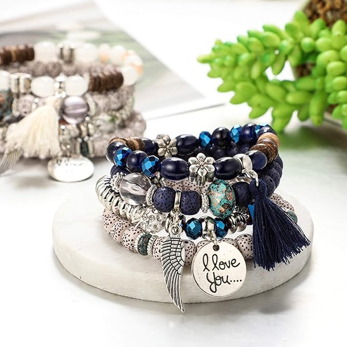 Vembley Trendy Bohemian Bracelet Stack with silver beads, tassel charm, and love pendant for women and girls