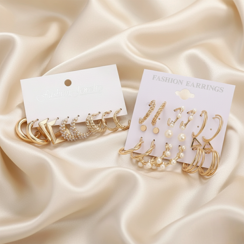 Vembley Pack of 14 Elegant Gold-Plated Pearl Hoop & Stud Earrings Set