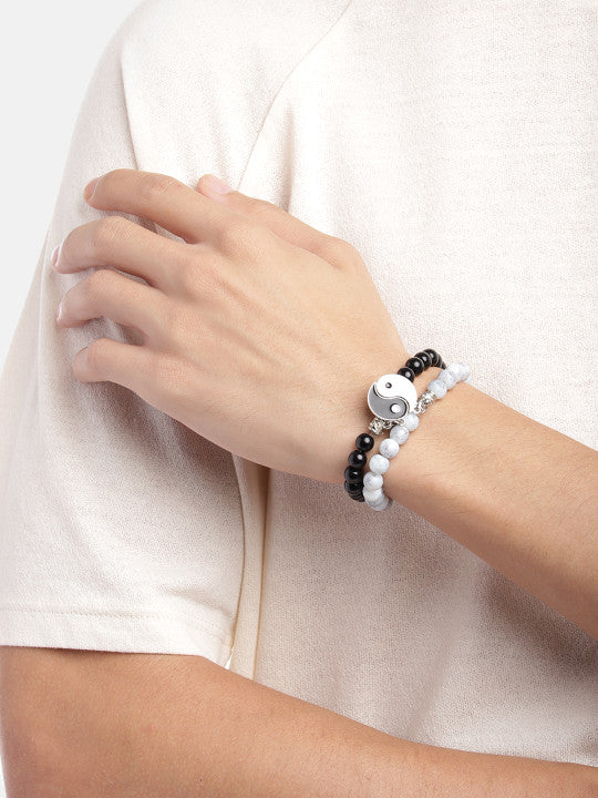 Vembley Black & White Yin Yang Beaded Couple Bracelets - Matching Heart Charm Set