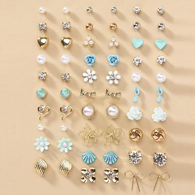 Vembley Trendy Floral Heart Pearl Stud Earrings Combo Set for Women