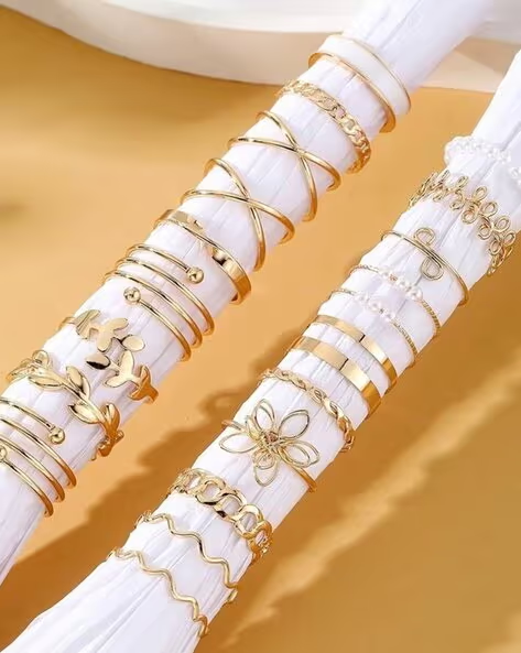 Vembley Gold Plated Trendy Stackable Rings Set Pearl & Butterfly Fashion Rings for Women