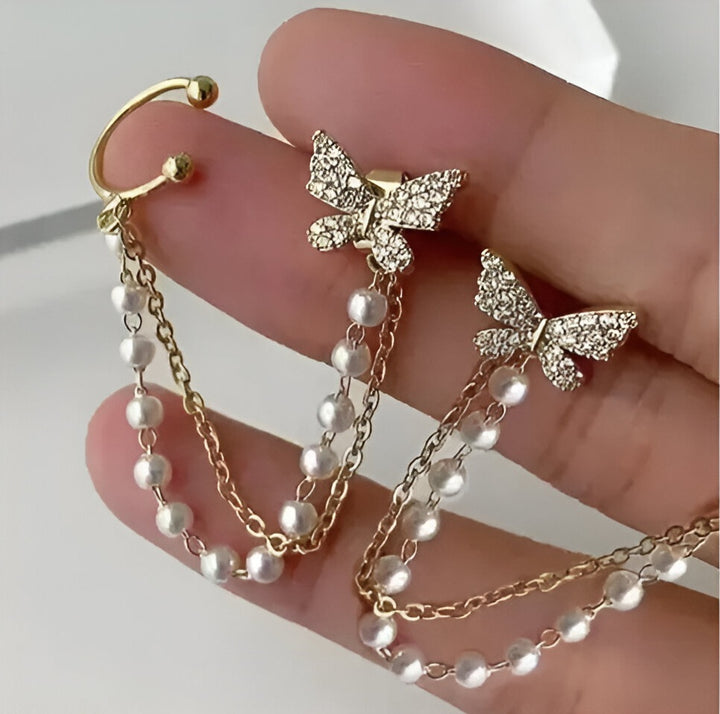 Vembley Elegant Butterfly Pearl Chain Drop Earrings And Necklace for Women