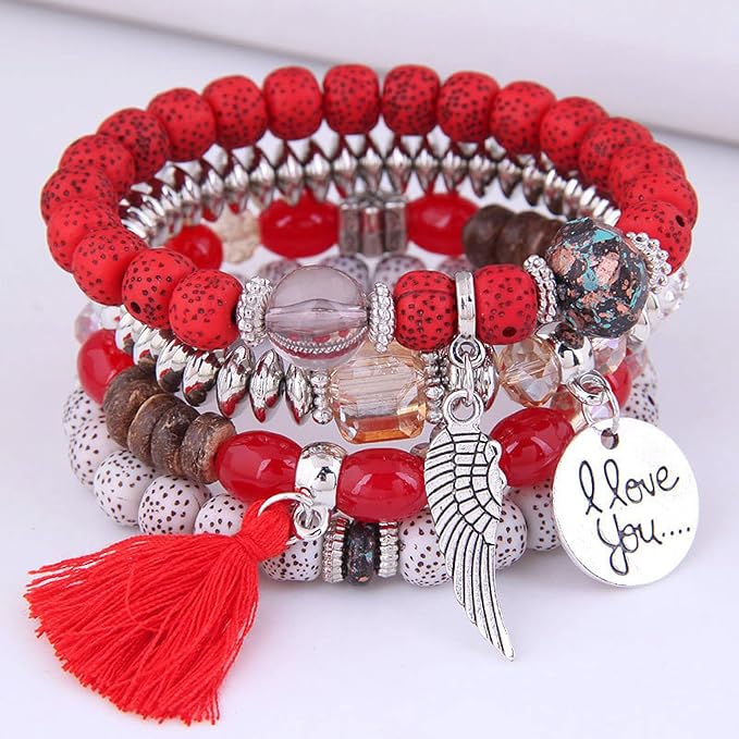 Vembley Trendy Bohemian Bracelet Stack with silver beads, tassel charm, and love pendant for women and girls