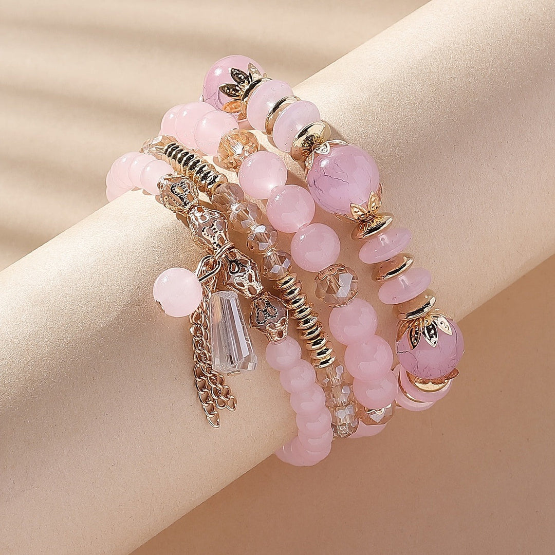 Vembley Boho Stackable Bracelets for Women Set, 4 Pack Girls Stretch Multilayer Stack Beads Pink Beaded Charm Bracelets