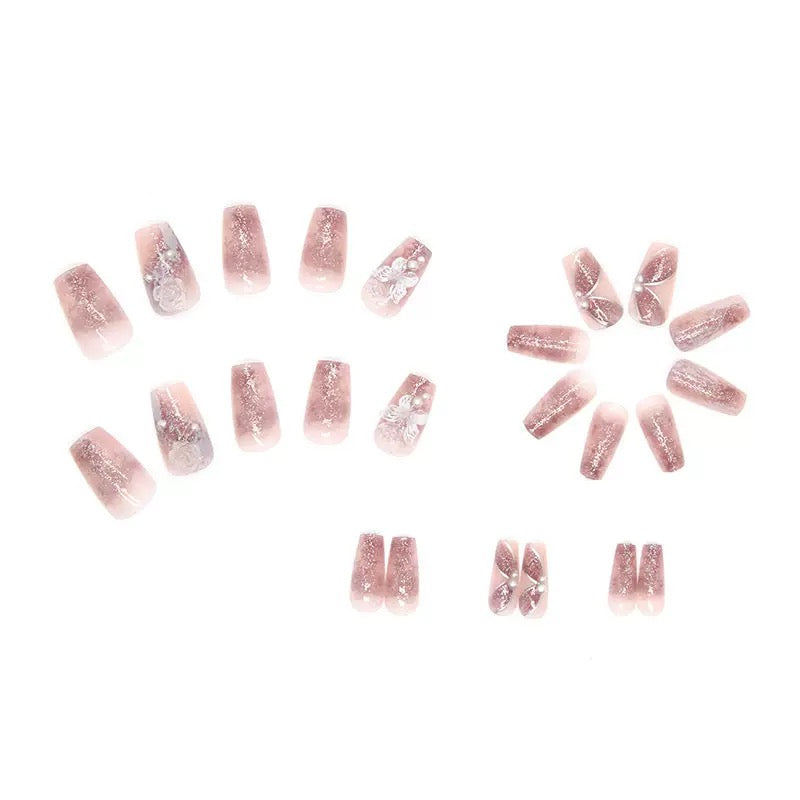 Vembley Blush Pink Glitter Butterfly Pearl Elegant Square 24 Pcs Press On Nails