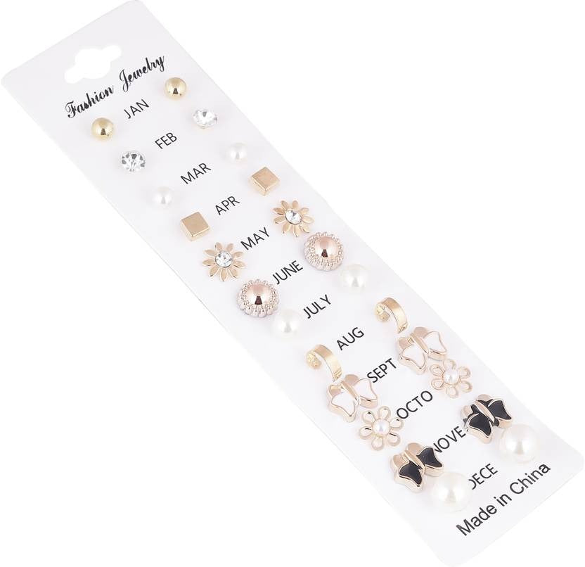 Vembley Beautiful 12 pair combo set Zircon, Black, Pearl Brass, Stone, Silicone, Alloy, Silver Stud Earring, Hoop Earring, Cuff Earring, Ear Thread, Earring Set