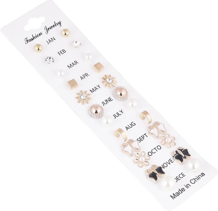 Vembley Beautiful 12 pair combo set Zircon, Black, Pearl Brass, Stone, Silicone, Alloy, Silver Stud Earring, Hoop Earring, Cuff Earring, Ear Thread, Earring Set