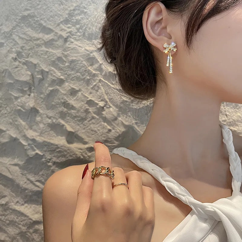 Korean Bowknot Tassel Drop Earrings