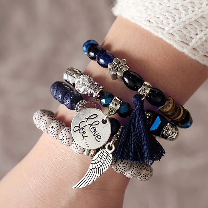 Vembley Trendy Bohemian Bracelet Stack with silver beads, tassel charm, and love pendant for women and girls