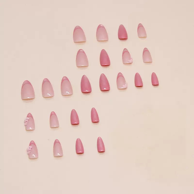 Vembley Elegant Pink Floral Press-On Nails – Glossy Almond Shape for Stylish Women