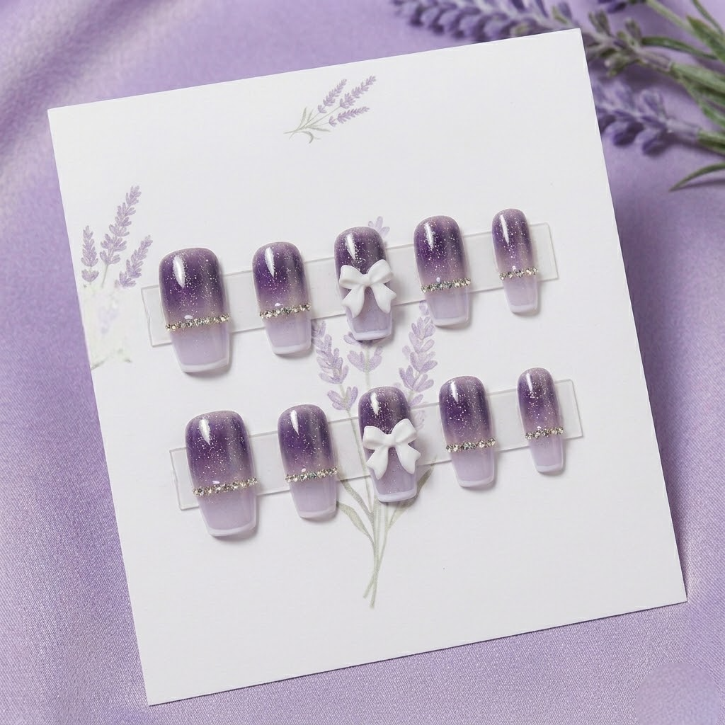 Vembley Purple Glitter French Tip Press-On Nails with Bow 24 Pcs Press On Nails