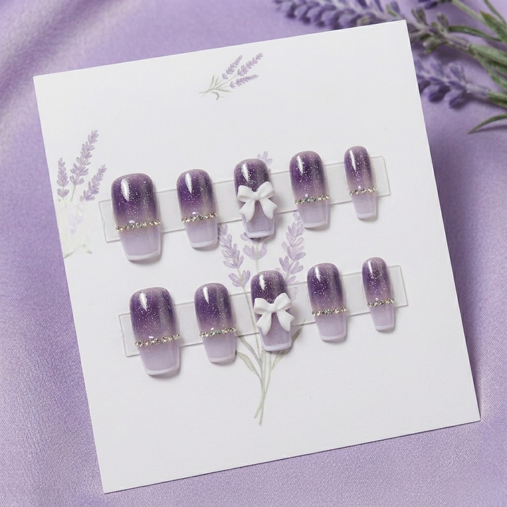 Vembley Purple Glitter French Tip Press-On Nails with Bow 24 Pcs Press On Nails