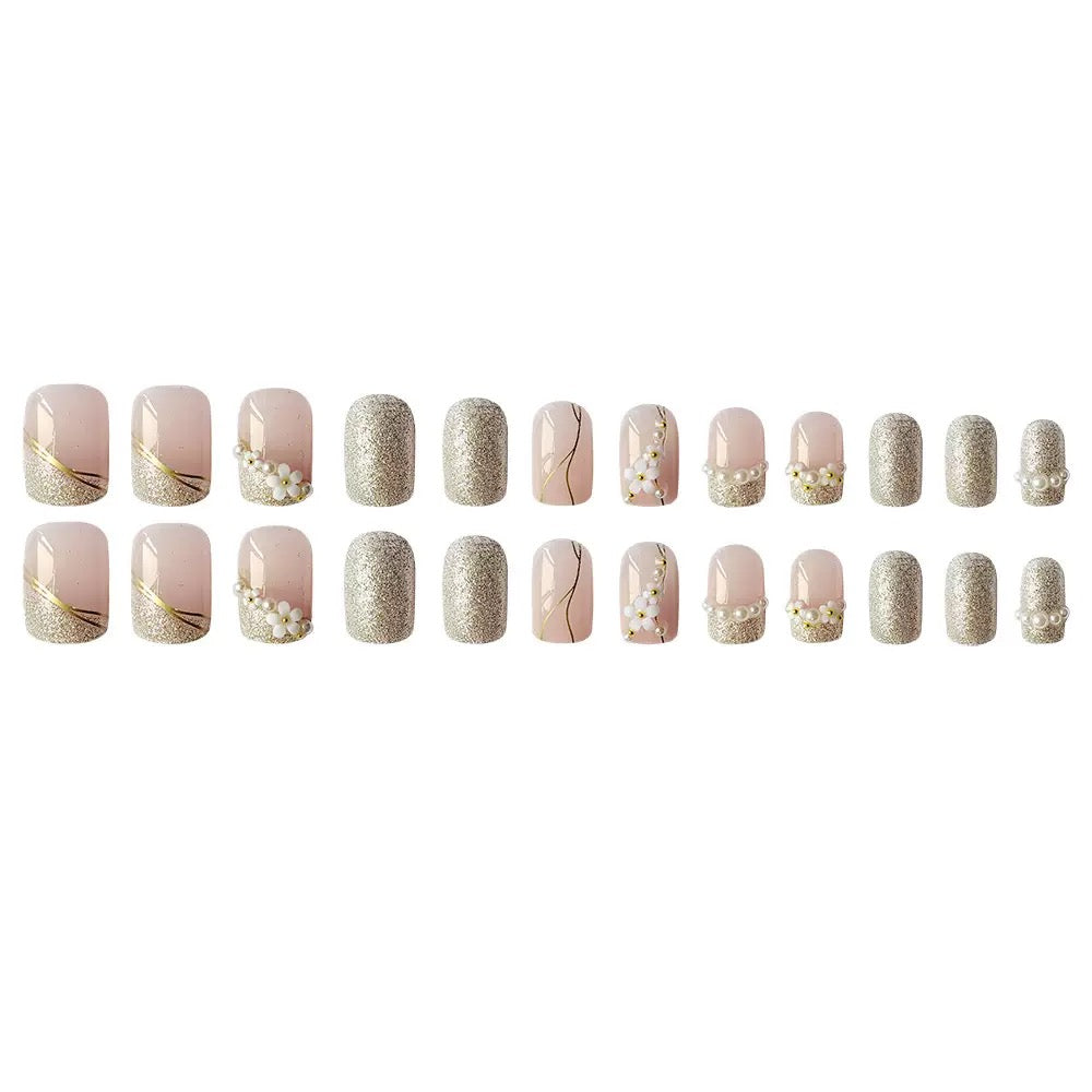 Vembley Blush Bloom Glitter Floral Press On Nails For Elegant Party Wear