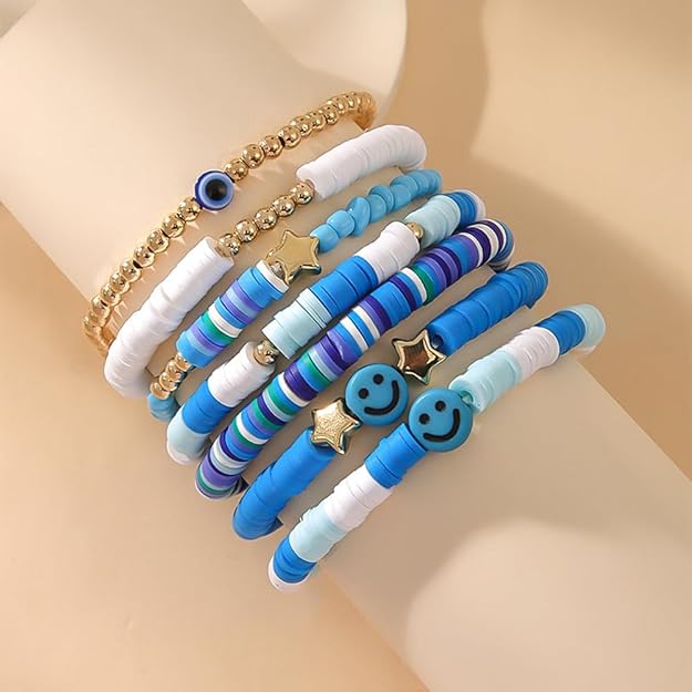 Vembley Trendy 7-Layer Blue and Gold Beaded Stackable Bracelet Set for Women with Smiley, Heart & Star Charms Chic Multilayer Stretch Boho Wrist Jewelry
