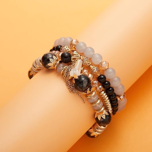 Vembley Boho Stackable Bracelets for Women Set, 4 Pack Girls Stretch Multilayer Stack Beads Black Beaded Charm Bracelets