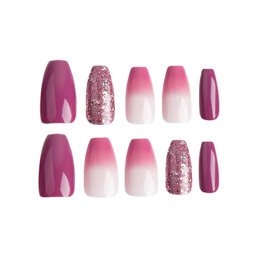 Vembley Plum Pink Ombre Glitter Shiny Accent Design Press-On Nails