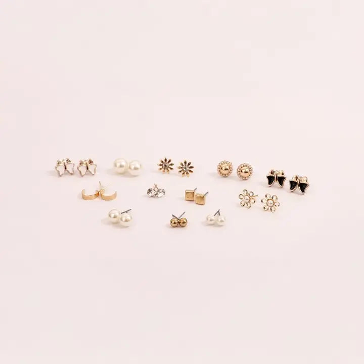 Vembley Beautiful 12 pair combo set Zircon, Black, Pearl Brass, Stone, Silicone, Alloy, Silver Stud Earring, Hoop Earring, Cuff Earring, Ear Thread, Earring Set