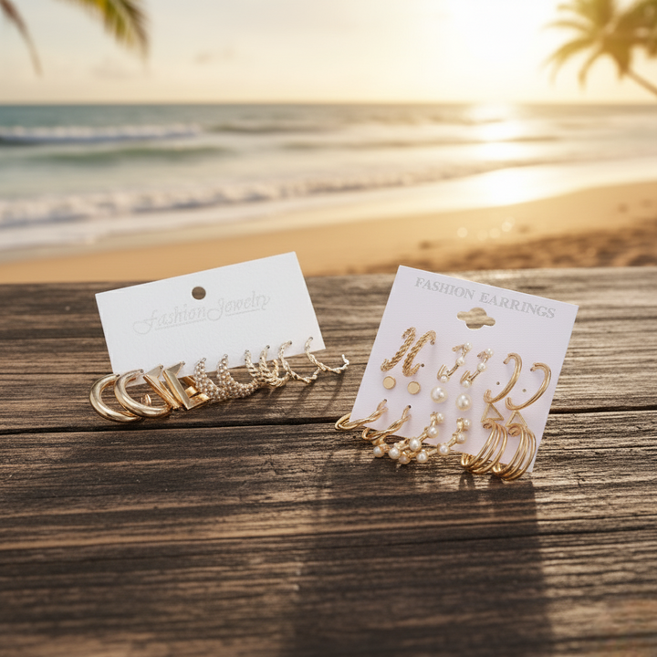 Vembley Pack of 14 Elegant Gold-Plated Pearl Hoop & Stud Earrings Set