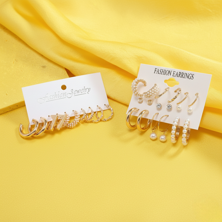 Vembley Combo of 14 Elegant Stylish Gold-Plated Pearl Hoop & Stud Earrings Set