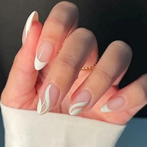 Vembley Set Of 24 Artificial Fake Reusable Press on Nails In Almond Shape With White & Silver Stillet Wave.