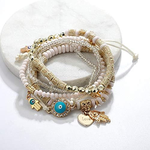 Vembley Elegant Bohemian 6 Bracelet Set featuring Evil Eye, Hamsa charms, beaded layers, adjustable cord, and metallic accents bracelet for women and girls