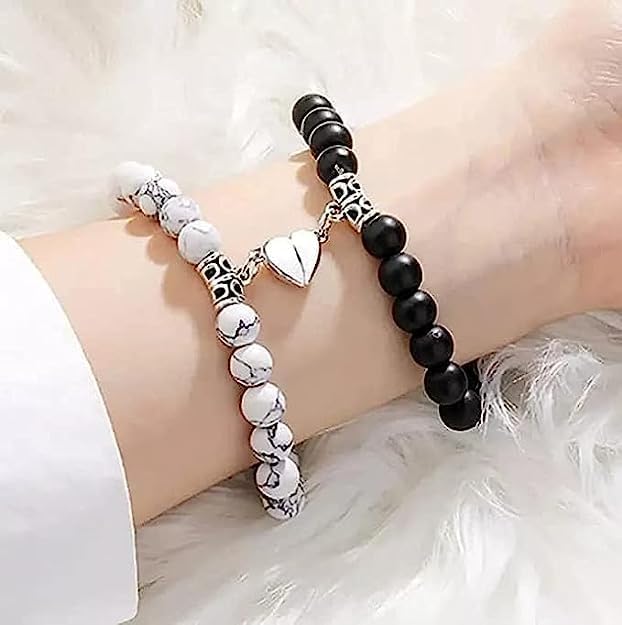 Vembley Black & White Beaded Couple Bracelet Set - Heart Charm Matching Bracelets