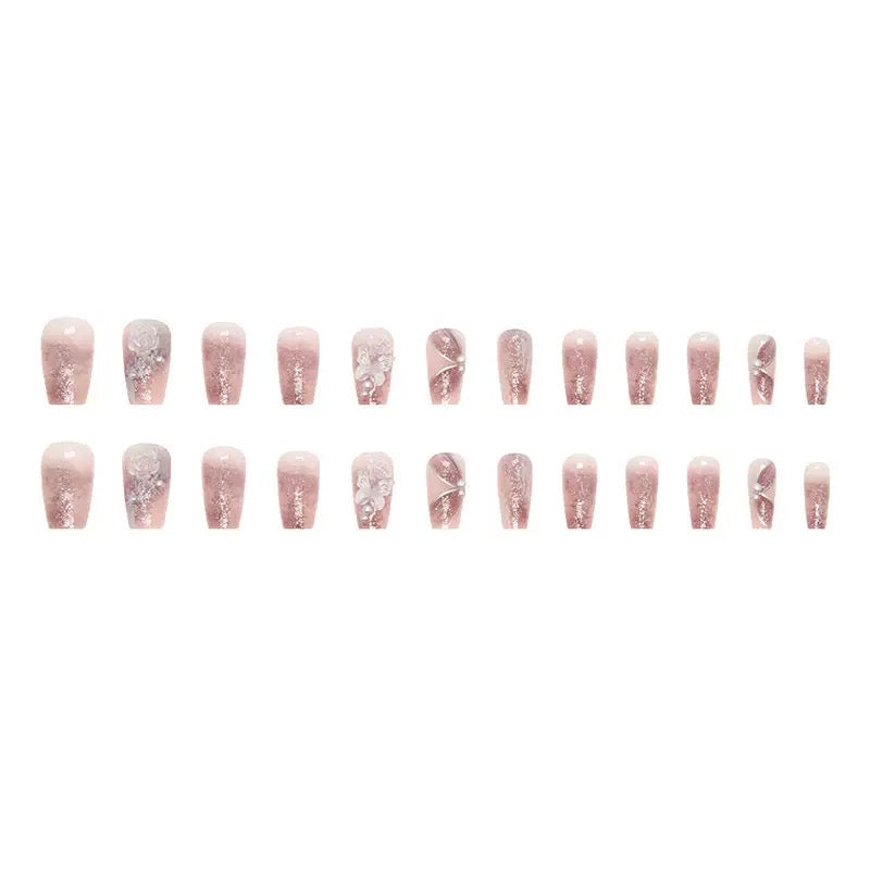 Vembley Blush Pink Glitter Butterfly Pearl Elegant Square 24 Pcs Press On Nails