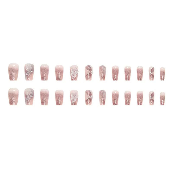 Vembley Blush Pink Glitter Butterfly Pearl Elegant Square 24 Pcs Press On Nails