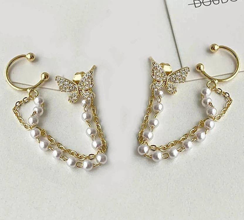 Vembley Elegant Butterfly Pearl Chain Drop Earrings And Necklace for Women