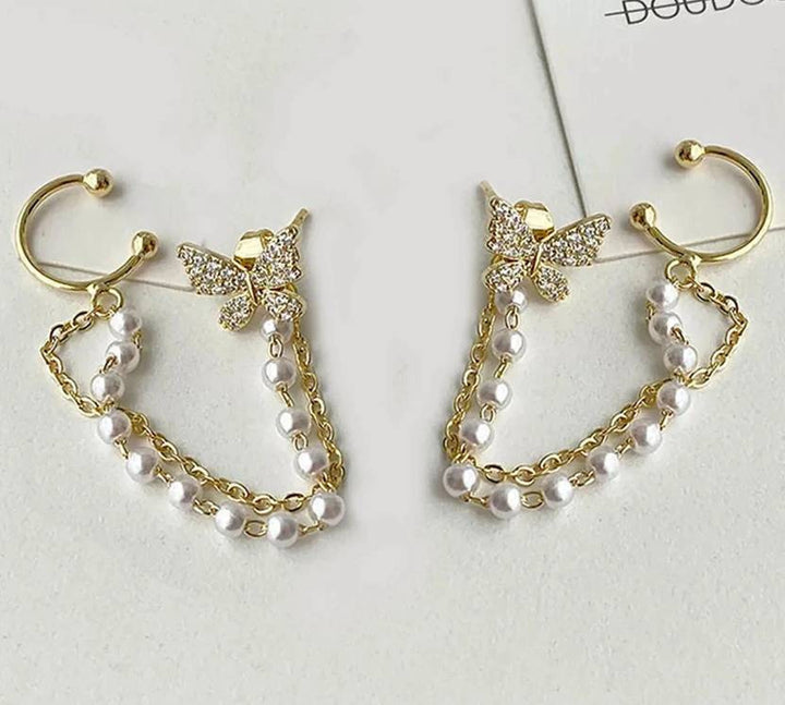 Vembley Elegant Butterfly Pearl Chain Drop Earrings And Necklace for Women