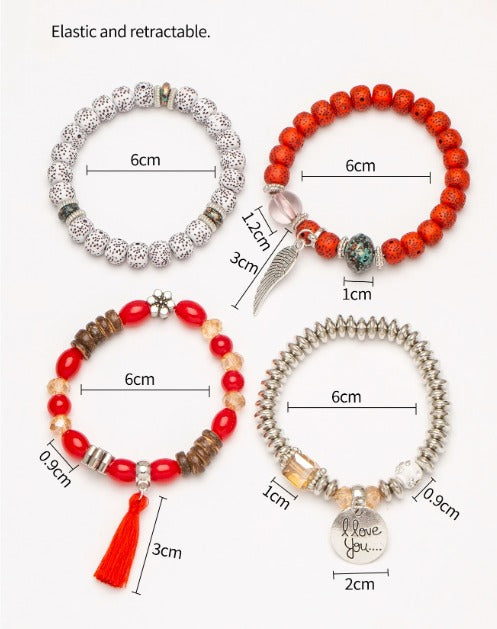 Vembley Trendy Bohemian Bracelet Stack with silver beads, tassel charm, and love pendant for women and girls