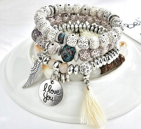 Vembley Trendy Bohemian Bracelet Stack with silver beads, tassel charm, and love pendant for women and girls