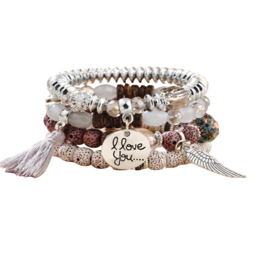 Vembley Trendy Bohemian Bracelet Stack with silver beads, tassel charm, and love pendant for women and girls