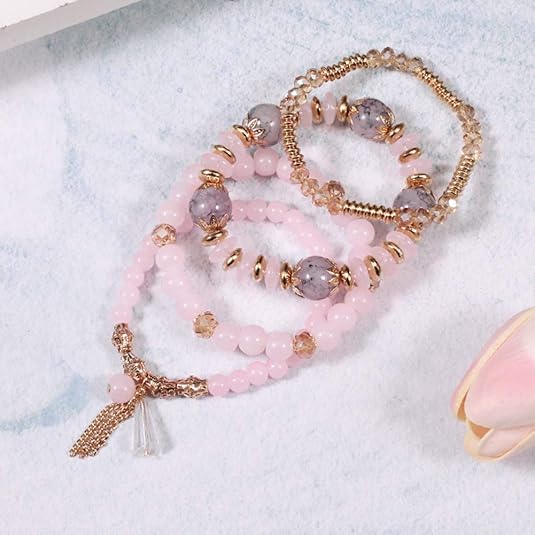 Vembley Boho Stackable Bracelets for Women Set, 4 Pack Girls Stretch Multilayer Stack Beads Pink Beaded Charm Bracelets