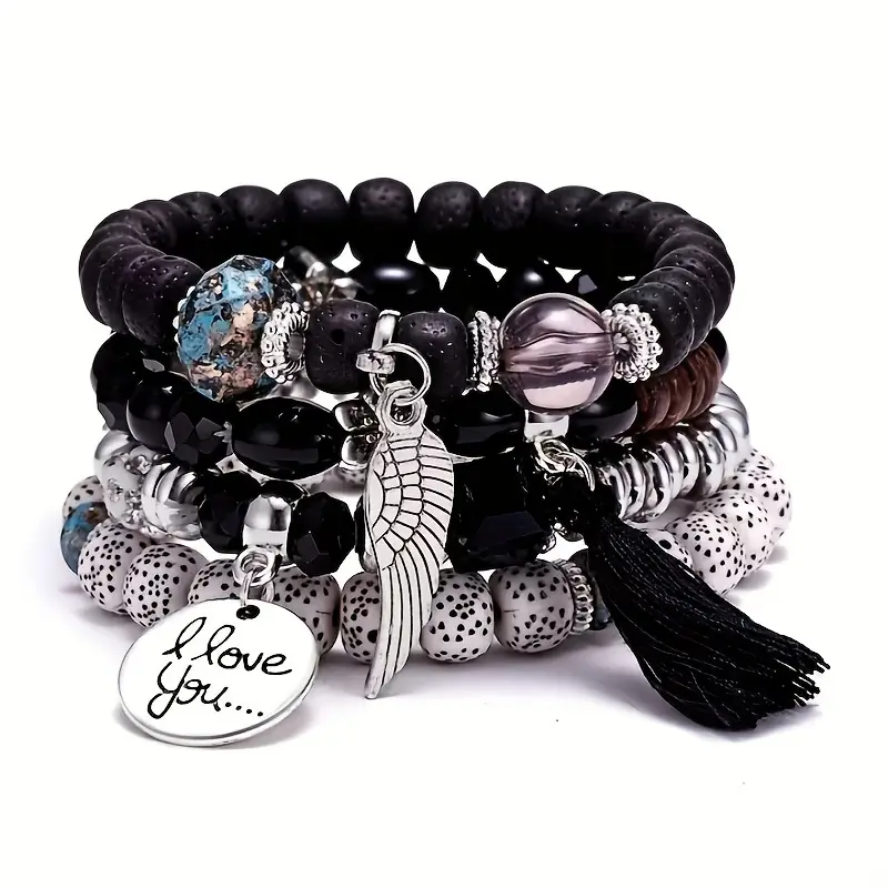 Vembley Trendy Bohemian Bracelet Stack with silver beads, tassel charm, and love pendant for women and girls