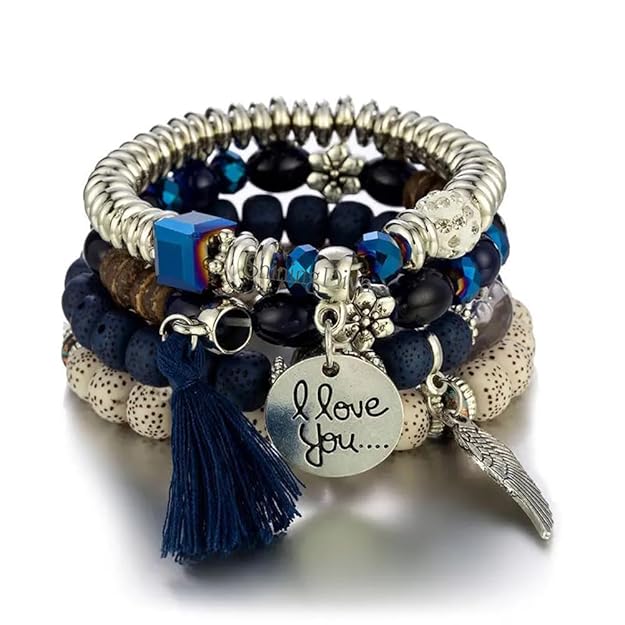 Vembley Trendy Bohemian Bracelet Stack with silver beads, tassel charm, and love pendant for women and girls